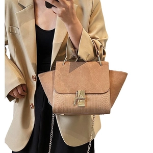 Retro khaki brown patchwork handbag with metal lock and chain strap for women
