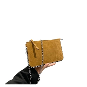 Chic yellow suede chain shoulder bag with metallic bead trim for fashion women