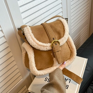 Sac Bandoulière Vintage Suède Femme Bordure Mouton Sac Épaule Carré Boucle Rabat Mode Hiver
