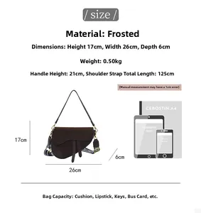 Detailed size chart for brown matte saddle bag with strap dimensions and scale comparison