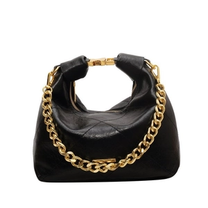 Quilted black leather handbag with chunky gold chain strap and elegant dumpling shape