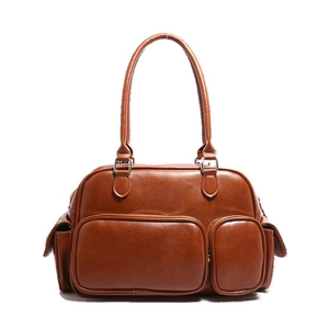 Vintage brown PU leather shoulder bag with multiple functional zip pockets and top handles