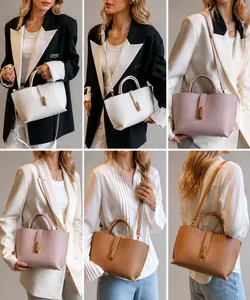 Tragefotos von PU-Leder-Tote-Bags in Weiß, Rosa und Karamell an einem Modell