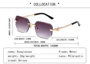 Detailed size chart for rimless hexagonal sunglasses with purple gradient lenses