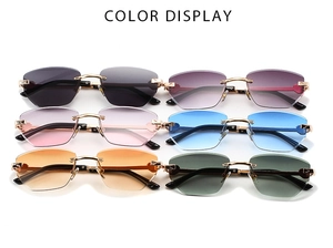 Vue détaillée de lunettes de soleil polygonales sans monture en six coloris dégradés
