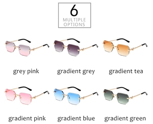 Detail view of rimless sunglasses in six vibrant gradient colors with metal temples