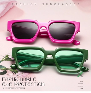 Vue détaillée des lunettes de soleil rose et vert olive à monture épaisse anti-lumière bleue
