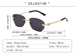 Tableau des tailles détaillé pour lunettes de soleil sans monture avec branches en métal