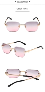 Detail of rimless rimmed sunglasses with grey pink gradient and engraved metal bridge