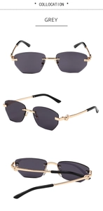 Détails de lunettes de soleil géométriques grises sans monture avec branches dorées gravées