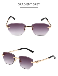 Détails de lunettes de soleil sans monture dégradé gris avec branches en métal doré