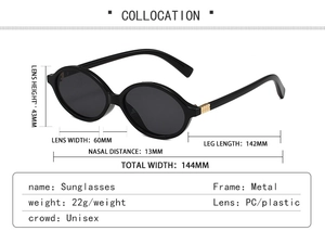 Detailed technical diagram showing measurements and specs for oval metal glasses frame
