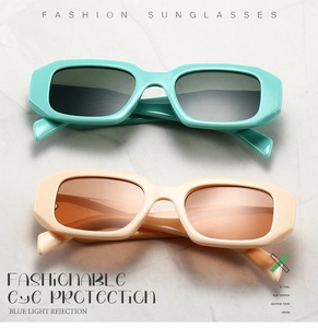Detail view of square fashion sunglasses with anti-blue light lenses in pastel frames