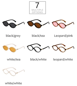 Detailed grid showing seven stylish oval glasses frames in black, leopard, and beige colors