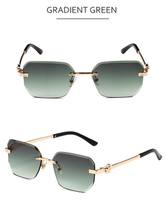 Detail of rimless gradient green polygon lenses with elegant gold metal frames and hinges