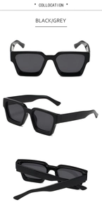 Trois vues de lunettes de soleil carrées tendance à monture épaisse et verres gris