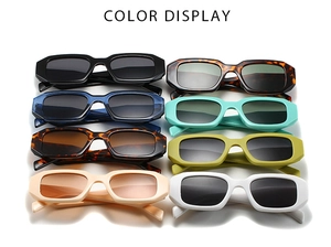 Color display of stylish square sunglasses with chunky frames in eight versatile shades