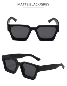 Vue détaillée des lunettes de soleil carrées noir mat avec monture épaisse et verres gris