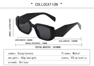 Detailed technical diagram showing square sunglasses dimensions and metal frame specs