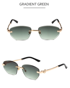 Détail de lunettes de soleil en métal sans monture avec verres dégradés verts