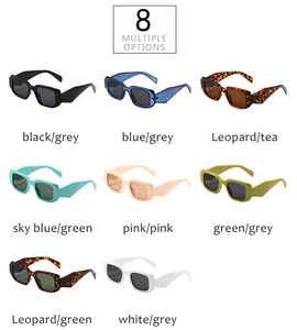 Detailed grid of rectangle sunglasses in eight color options including black and blue frames