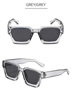 Détails des lunettes de soleil carrées grises avec verres foncés et monture épaisse en PC