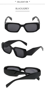 Detailed view of square sunglasses with thick black frames and grey lenses from multiple angles