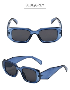 Detailed front and side view of square blue sunglasses with grey tinted lenses