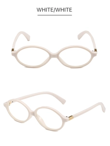 Detail view of oval white acetate frame with elegant golden metal square hinge accents