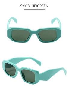 Detailed front and side views of chunky sky blue square frame retro sunglasses