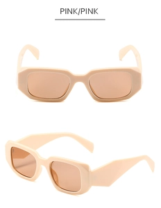 Detailed views of nude pink rectangular sunglasses with thick frames and angular temples