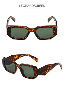 Detailed views of leopard print rectangular sunglasses with green lenses from two angles