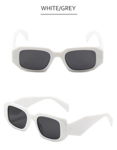 Detailed views of white square sunglasses with sharp edges and gray lenses on white background