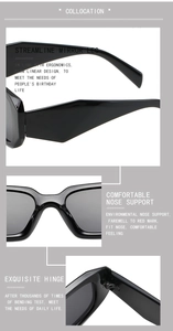 Detail view of wide temples, integrated nose pads, and metal hinges of black sunglasses