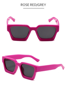 Vues de face et de profil de lunettes de soleil carrées rose vif avec verres gris