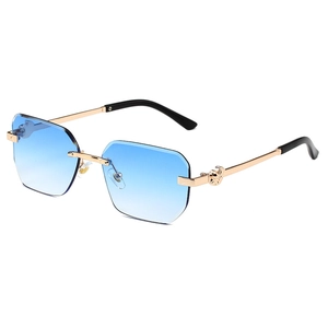 Frameless polygonal sunglasses with blue gradient lenses and golden metal frame