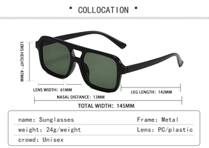 Detailed technical dimensions and size specifications of square pilot sunglasses frame