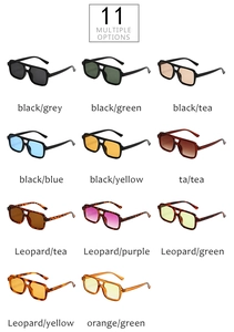 Grid display of 11 multi-colored aviator sunglasses with square frames and double bridges