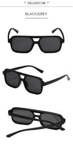 Detailed view of black square double bridge sunglasses with grey lenses in multiple angles