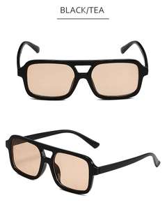 Front and side view of black double-bridge square sunglasses with tea-colored lenses