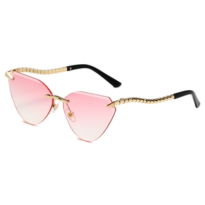 Frameless cat-eye sunglasses with pink gradient lenses and golden wavy metal temples