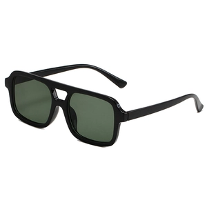 Retro square double bridge sunglasses with black frames and dark green lenses