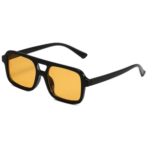 Retro square double bridge pilot sunglasses with black frame and yellow tinted lenses