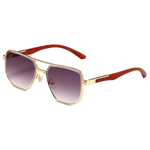 Vintage square gold metal sunglasses with purple gradient lenses and wood grain temples