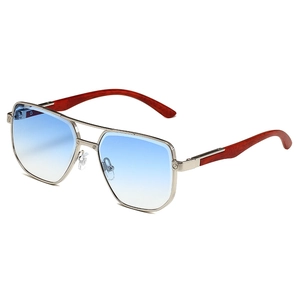 Retro square pilot sunglasses with blue gradient lenses and wood grain temples