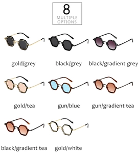 Grid view of retro hexagonal metal sunglasses in eight different frame and lens color options