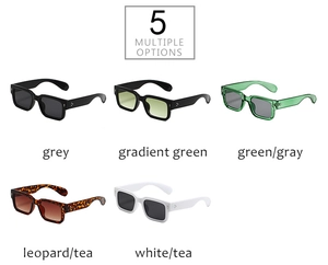 Gros plan de lunettes de soleil carrées rétro en cinq couleurs avec détails en métal