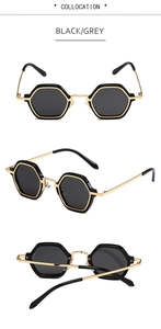 Detailed multi-angle view of hexagon punk sunglasses with black frames and gold metal temples