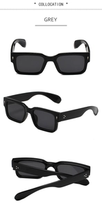 Vues détaillées de lunettes de soleil rectangulaires grises avec rivets en métal