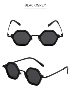Front and side view of retro black hexagonal metal sunglasses with grey lenses